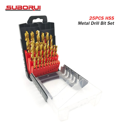 Borui 25pcs HSS DIN338 Fully Ground Drill Bits for Stainless Steel Metal Jobber Twist Drill Bit Set for Metal