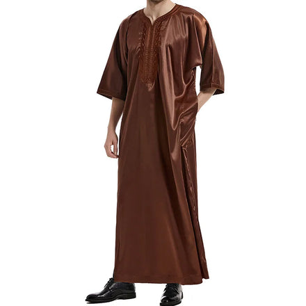 Islamic Clothing Embroidery Satin Robe Arab Jubba With Pockets Muslim Saudi Arab Dubai Thobe Abaya for Men Clothes