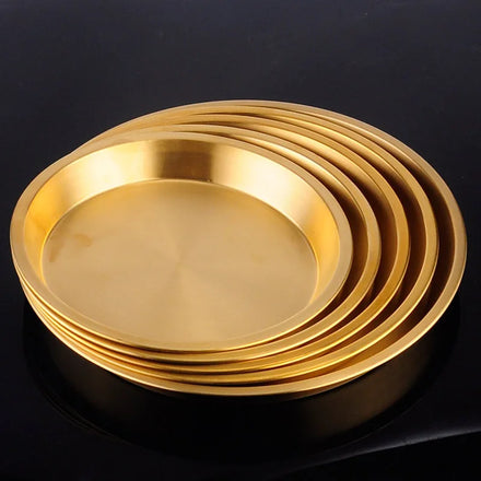 Stainless Steel Gold Plate Korea Roaster Tray Round Plate Dishes Serving for Food Sanding Metal Golden Charge Plates