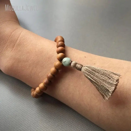 Jasper 27 Wooden Bead Bracelet with Tassel Natural Earthy Bohemian Fragrant Sandalwood Mala Beads Yoga Gift Healing Jewelry