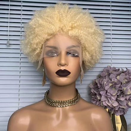 ON SALE 613# Blonde Bomb Afro Kinky Curly 13x4 Lace Frontal Wigs Perruque Human Hair Short Pixie Cut Wig for Black Women