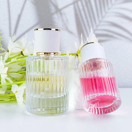 Hot Sell 30ml 50ML Cylindrical Flat Clear Vertical Pattern Glass Perfume Bottle With Spray Cap