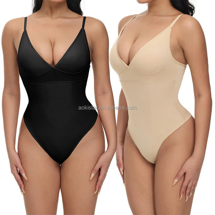 Bestseller Women's Deep V Wireless Push Chest Full Body Shaper Adjustable Straps Tummy Control Slimming Thong Panties Shapewear