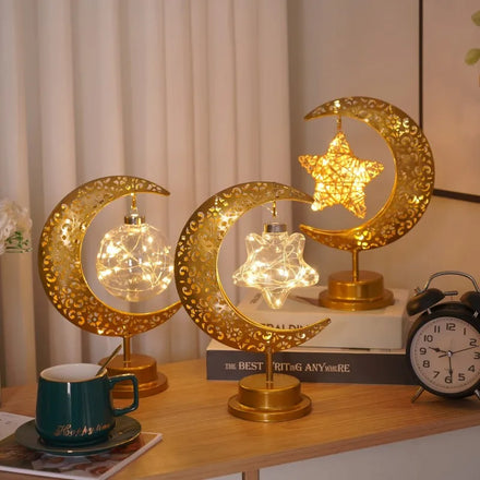 Eid Mubarak Decorative Metal Lamp with LED Night Light Star and Moon Table Accessory for Ramadan Nighttime Illumination