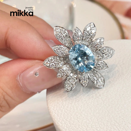 High Quality Jewelry Big Flower Crystal Diamond 18K Gold the Blue Oval Zircon Blue Adjustable Rings for Women Christmas Gift