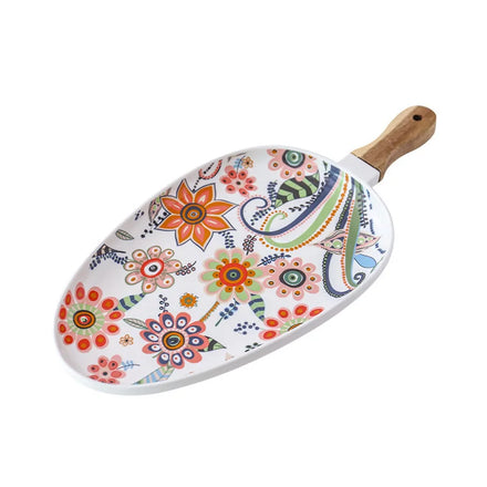 Wholesale Creative Ceramic Dinner Plate Luxury Design Wooden Handle Oval Steak Dish Home Restaurant Use PC Material Kitchenware