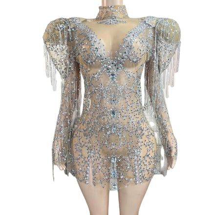 Wholesale Sexy See Through Puff Sleeve Crystal Fringes Princess Wedding Birthday Party Mini Dress Women Prom Gown Club Dress