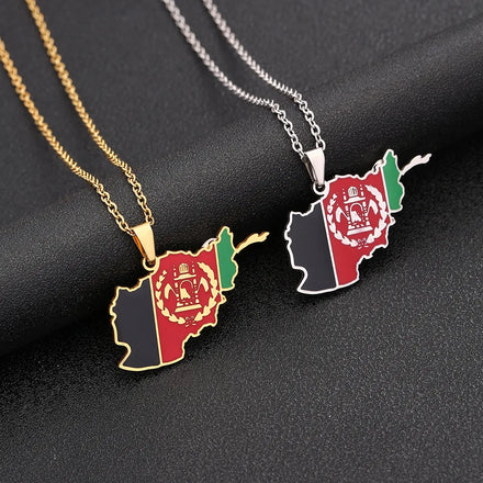 Manufacturer Enameled Stainless Steel Silver 18K Gold Plated Charm Necklaces Enamel Afghanistan Flag Map Pendant Necklace