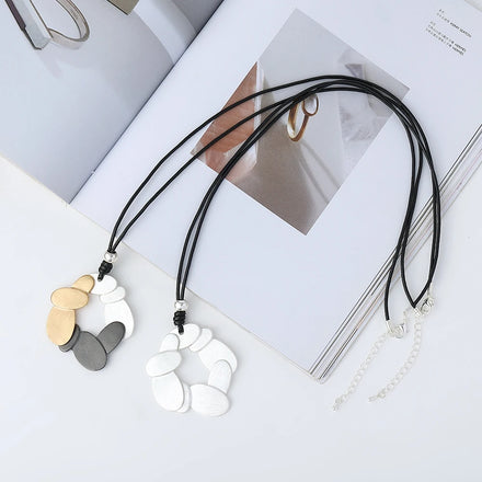 TongLing Irregular Oval Spliced Circle Pendant Necklace Multi-Strand Black Wax Cord Minimalist Geometric Long Women Jewelry