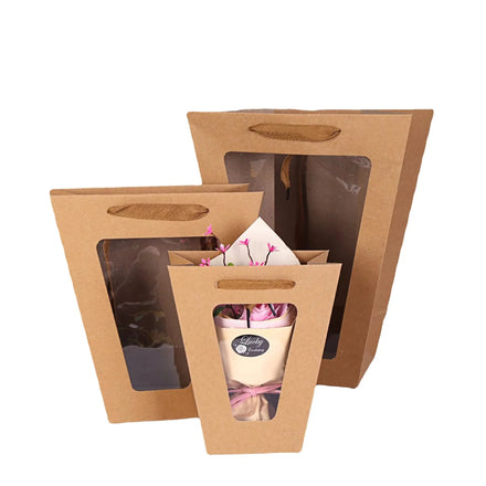 Custom Printed logo Luxury White Waterproof Cardboard Paper Flower Bag Bouquet Gift Bag with Transparent Window