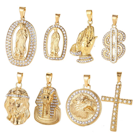 Iced Out Dollar Sign Pendant for Men Hip Hop Diamond Jesus Piece Virgin Mary Charm Stainless Steel 18k Gold Praying Hand Pendant