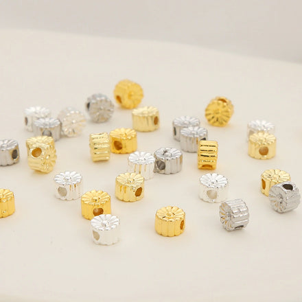 20Pcs/Bag 14K Gold Plated Beads for Jewelry Making Round Pattern Spacer Bead Chrysanthemum Lucky Beads