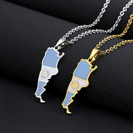 Manufacturer Enameled Stainless Steel Silver 18K Gold Plated Charm Necklaces Enamel Argentina Flag Map Pendant Necklace