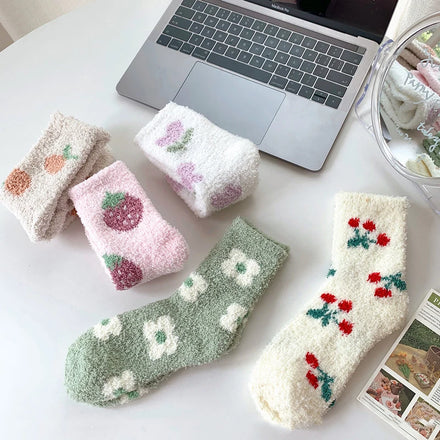 MIO New Winter Thick Warm Coral Fleece Socks Cute Fruit Pattern Decoration Socks Cozy Fluffy Soft Women's Floor Home Socks