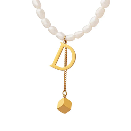 Gold Plated Stainless Steel Necklace with Round Sign Geometric Pendant Trendy Letter Jewelry Featuring Pearl Partner Gift