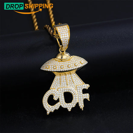 Dropshipping Bling Iced Out Moissanite Diamond UFO Letter CDF Pendant 925 Sterling Silver VVS Diamond Charm Necklace Jewelry