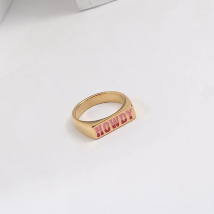 Hot Sales Fashion HOWDY Enamel Stainless Steel Ring 18k Gold Plated Jewelry Rectangle Flat Signet Finger Rings Women