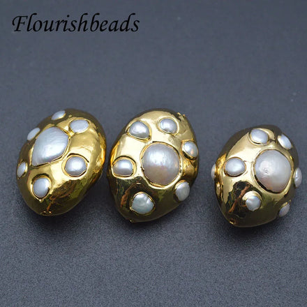 New Design Big Size 25x30mm Natural Freshwater Pearl With Clay Gold Plating Sun Shape Flat Oval DIY Loose Beads