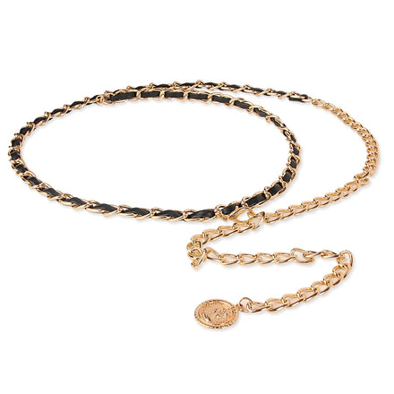 JULUN Metal Belts Jean Chain Fashion Waist Chain Gold Plated Chain Belt With Black Leather Inlay & Medallion Pendant for Women