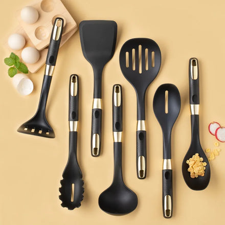 MANJIA Royal Golden Cookware Set Multi-function Nylon Kitchenware 7-pieces Set High Temperature Resistant Nylon Spatula Spoon