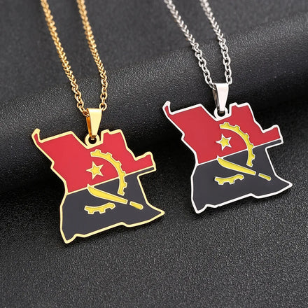 Manufacturer Enameled Chain Stainless Steel Silver 18K Gold Plated Charm Necklaces Enamel Angola Flag Map Pendant Chain Necklace