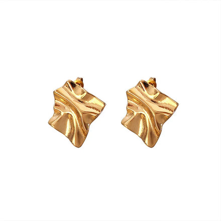 Unique Vintage Big Pleated square Shape Stainless Steel Earring 18k Gold Plated Women Stud Earrings Fashion Jewelry