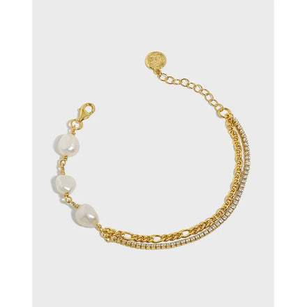 S925 Sterling Silver Design Baroque Freshwater Pearl Zircon Double Layer Chain Texture Bracelet for Women