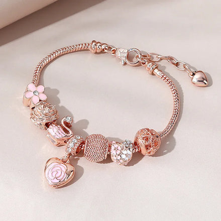 Wholesale Rose Gold Plated Snake Chain Charm Swan Flower Zircon Bead Heart Bracelet Jewelry for Women