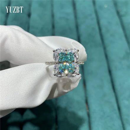 Silver 925 Original Brilliant Radiant Cut 3 Carat Diamond Test Past Rectangle Blue Moissanite Wedding Ring Women Fine Jewelry