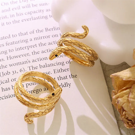 Vintage Stainless Steel Natural Stone Crystal Wrap Rings Animal Open Cuff Gold Snake Ring Jewelry