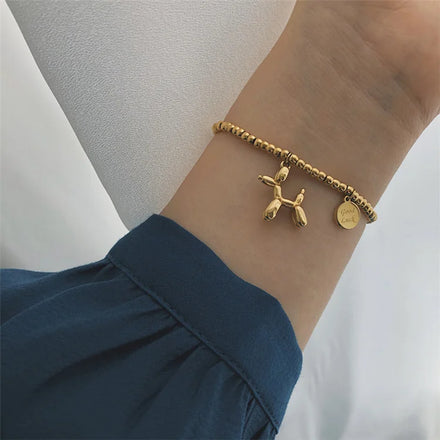 Simple Cute Dog Balloon Stainless Steel Small Round Gold Plated Good Luck Tags Beaded Bracelet