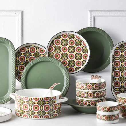 Bohemian Style China Boho Lattice Pattern Vintage Retro Style Printed Red Green Blue Ceramic Dinnerware Tableware Set
