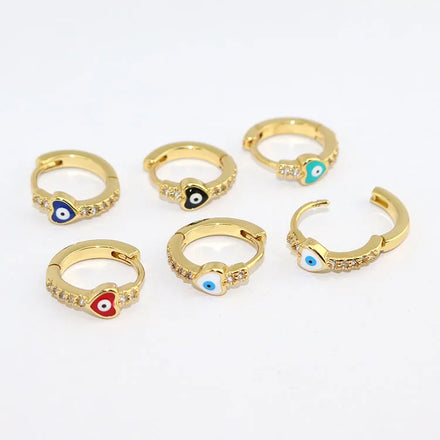 EC1899 Chic Dainty Tiny Small 18k Gold Plated Enamel Evil Eyes Heart Cubic Zirconia CZ Pave Huggie Hoops Earrings