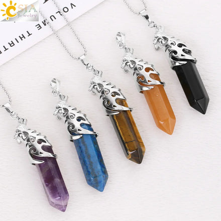 CSJA Healing Amethysts Crystal Jewelry Viking Wolf Head Natural Gemstone Hexagon Pendants Necklace for Man Women H102