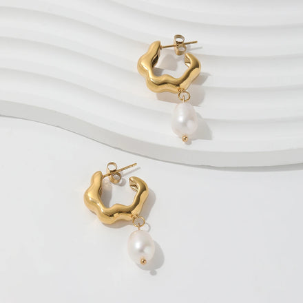 JOOLIM Jewelry PVD 18K Gold Plated Tarnish Free Flower Shape Freshwater Natural Pearl Drop Earring Stainless Steel Jewelry