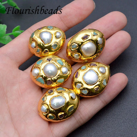 Jewelry Making Supplier Natural FreshWater Pearl Tourmaline Clay Gold Plated Oval Shape DIY Stone Pendant Beads