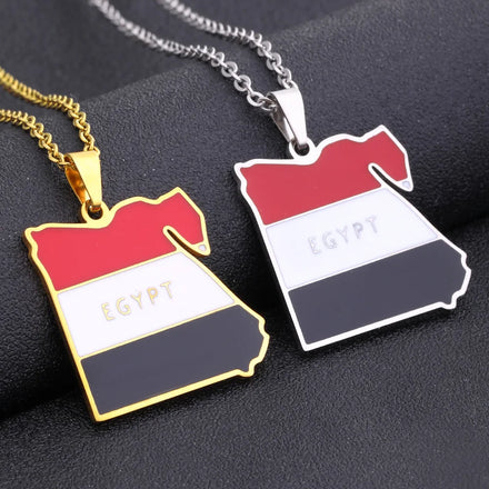 Manufacturer's Enameled Stainless Steel Egypt Flag Map Pendant Necklace 18K Gold & Silver Plated Link Chain