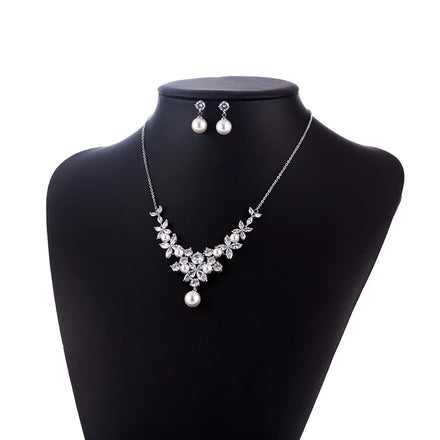 Luxury Vintage 2-Piece Wedding Engagement Anniversary Jewelry Set Silver Plated Zircon Brass Necklace Earrings Gift Parties