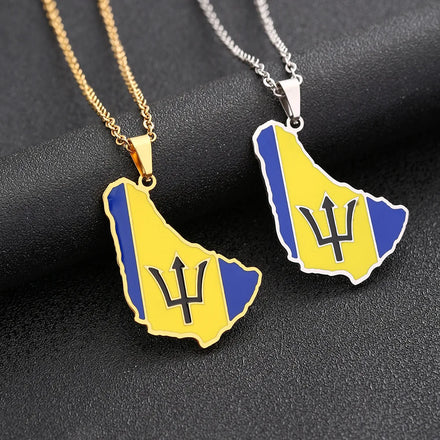 Manufacturer Enameled Stainless Steel Chains Silver 18K Gold Plated Enamel Barbados Flag Map Pendant Chain Necklace