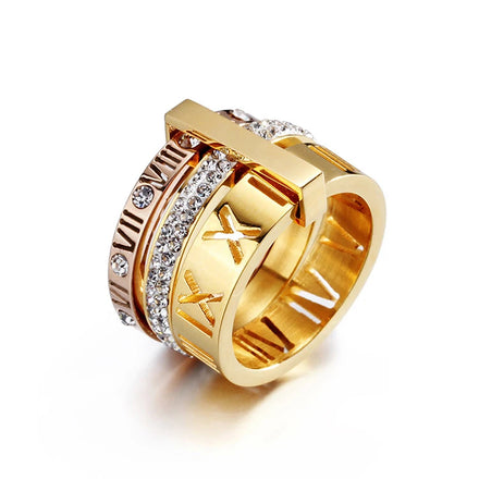 Custom Fashion Stainless Steel Crystal 18k Gold Plated Roman Numeral Rings Jewelry