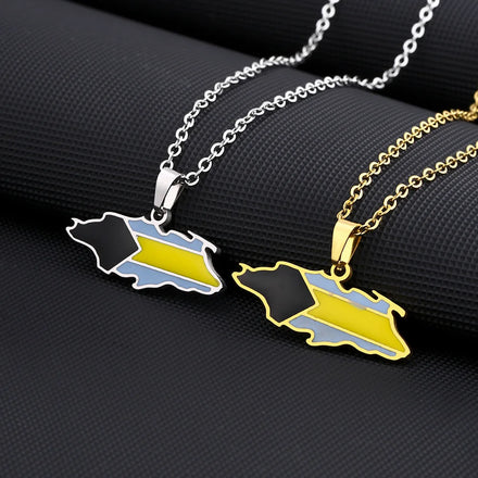 18K Gold Silver Plated Stainless Steel Link Chain Necklace Manufacturer's Bahamas Flag Map Pendant Enamel Beautiful Flag Design