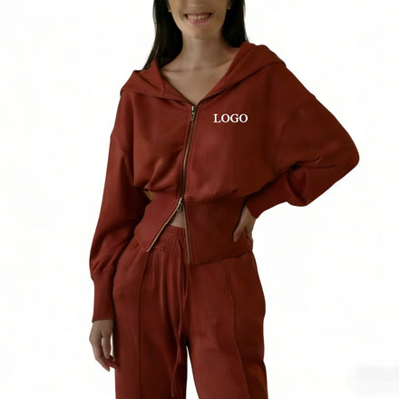 Custom Women Yoga Lounge Wear Drawstring Double-sided Zipper Crop Hoodie Cotton Jogger Sweat Pant 2-piece Set for Women