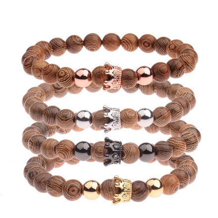 2023 Trend Wood Buddhist Beads Classic Men's Crown Metal Energy Rose Gold Plated Zircon Bracelet Eco-Friendly Gift