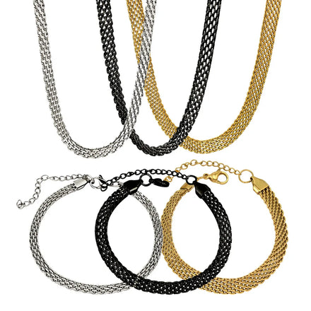 4mm 6mm 8mm Stainless Steel Weaved Chain Necklace Bracelet Set 18K Gold Plated Mesh Chain Bracelet Necklace Jewelry Set for Lady