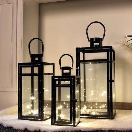 Set of 3 Modern Large Black Metal Candle Lantern Garden Hanging Metal Candle Holder Home Outdoor Empty Lanterns for Wedding