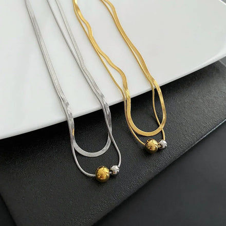 High Polished Stainless Steel Double Layer Two Balls Charm Necklace Popular Gold Plated Flat Chain Small Beads Necklace