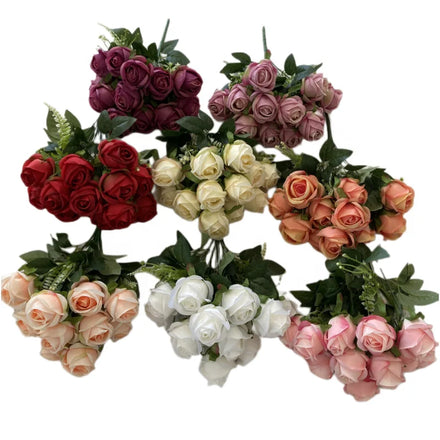 Wholesale 12 Heads Silk Roses Bushes Artificial Flowers Rose bunch for Wedding Festival Decor