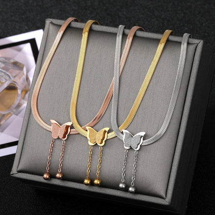 VKME 18K Gold Plated Butterfly Necklace Stainless Steel Snake Bone Chain Butterfly Pendant Necklace