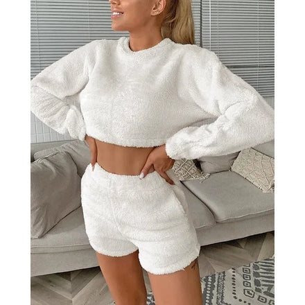 Hot Selling Xs-3xl Solid Color O-neck Casual Crop Top Long Sleeved Elastic Cuff Sweater Shorts Two Piece Set Clothes Women