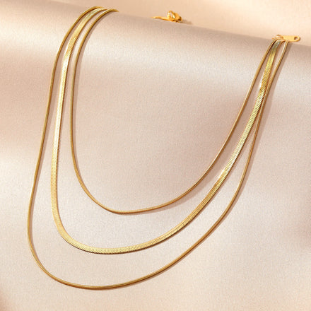 VKME Women Jewelry Three Clavicle Chain Snake Bone Choker Necklace Gold Plated Stainless Steel Flat Snake Chain